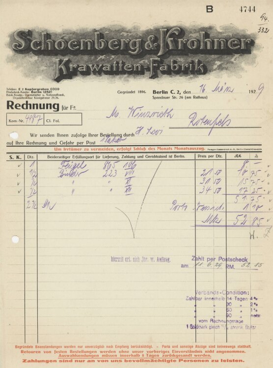 Firma M. Winzrieth (Kaufhaus)an Schoenberg & Krohner Krawatten-Fabrik- Rechnung - 16.03.1929