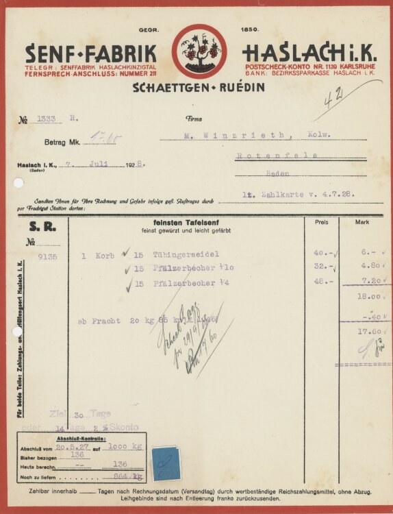 Firma M. Winzrieth (Kaufhaus)an Schaettgen Ruédin Senf Fabrik- Rechnung - 04.07.1928