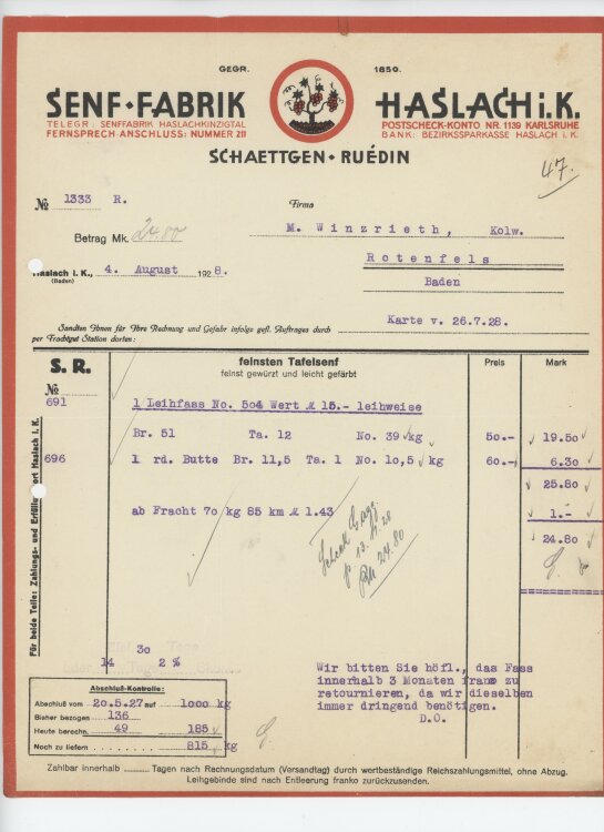Firma M. Winzrieth (Kaufhaus)an Schaettgen Ruédin Senf Fabrik- Rechnung - 04.08.1928