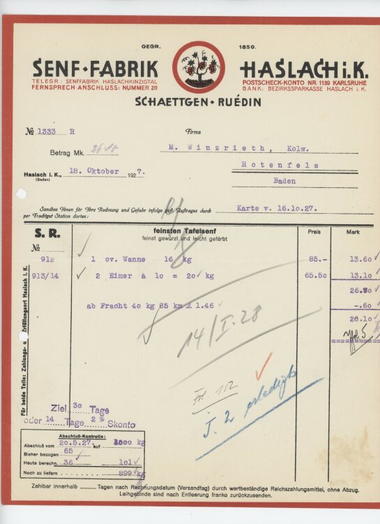 Firma M. Winzrieth (Kaufhaus)an Schaettgen Ruédin Senf Fabrik- Rechnung - 18.10.1927