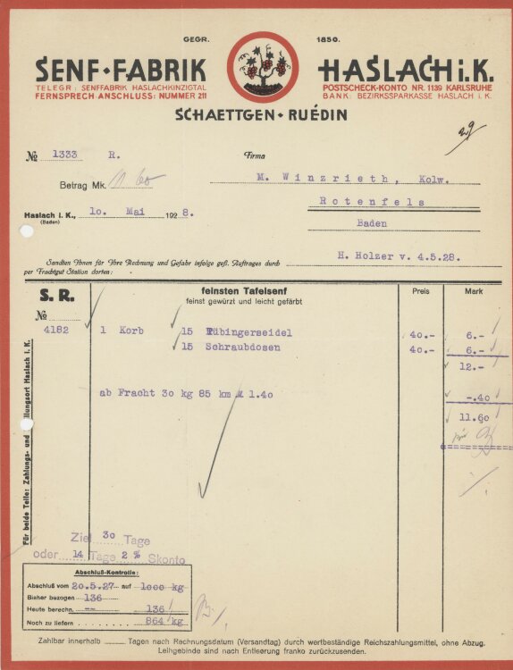 Firma M. Winzrieth (Kaufhaus)an Schaettgen Ruédin Senf Fabrik- Rechnung - 10.05.1928