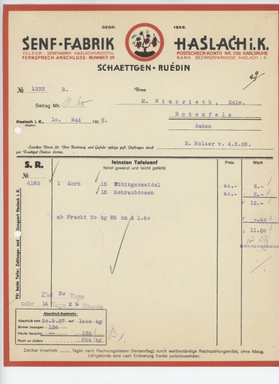Firma M. Winzrieth (Kaufhaus)an Schaettgen Ruédin Senf Fabrik- Rechnung - 10.05.1928