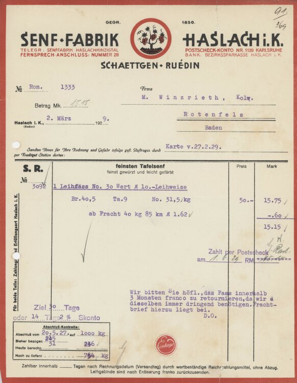 Firma M. Winzrieth (Kaufhaus)an Schaettgen Ruédin Senf Fabrik- Rechnung - 02.03.1929
