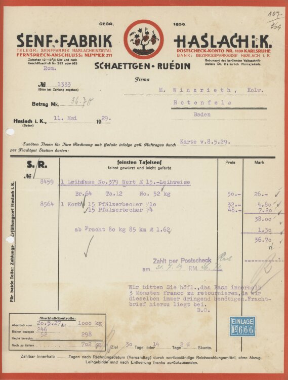 Firma M. Winzrieth (Kaufhaus)an Schaettgen Ruédin Senf Fabrik- Rechnung - 11.05.1929