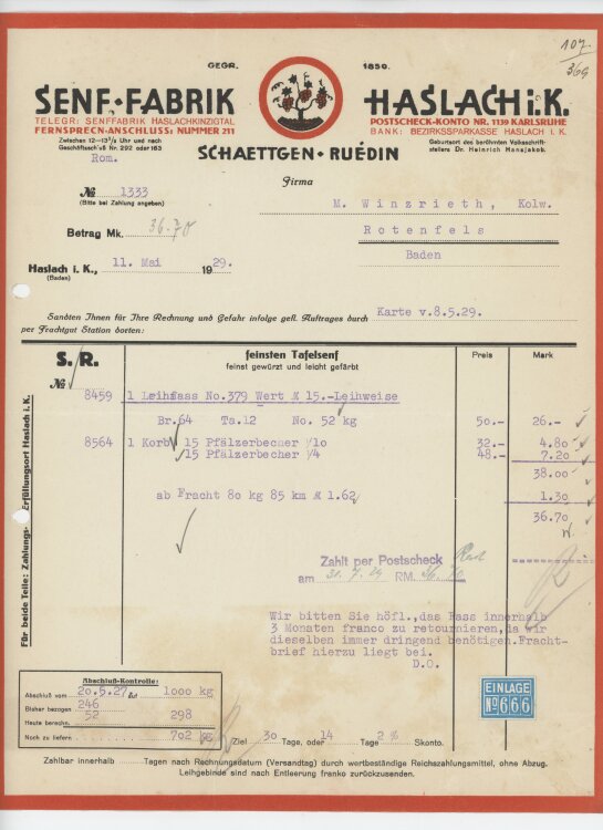 Firma M. Winzrieth (Kaufhaus)an Schaettgen Ruédin Senf Fabrik- Rechnung - 11.05.1929