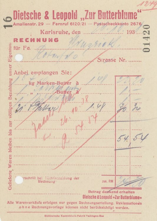 Firma M. Winzrieth (Kaufhaus)an Dietsche & Leopold Zur Butterblume"- Rechnung - 26.10.1938"