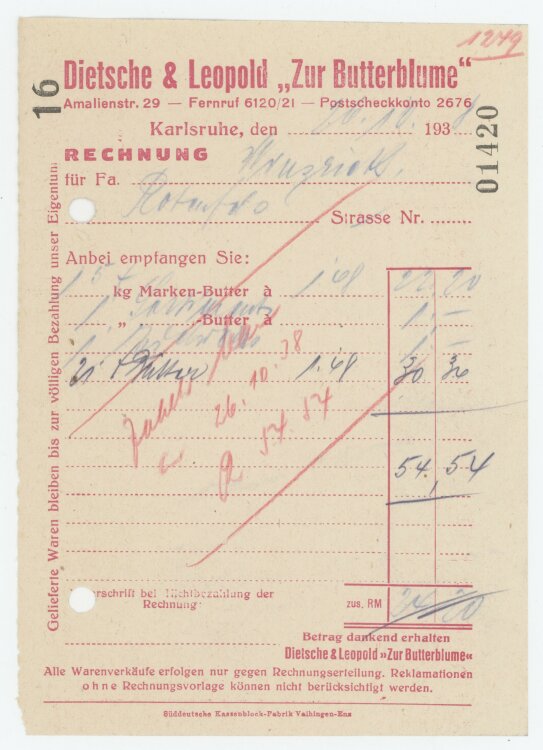 Firma M. Winzrieth (Kaufhaus)an Dietsche & Leopold Zur Butterblume"- Rechnung - 26.10.1938"