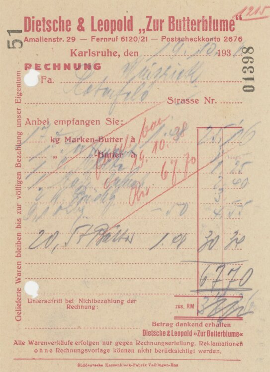 Firma M. Winzrieth (Kaufhaus)an Dietsche & Leopold Zur Butterblume"- Rechnung - 19.10.1938"