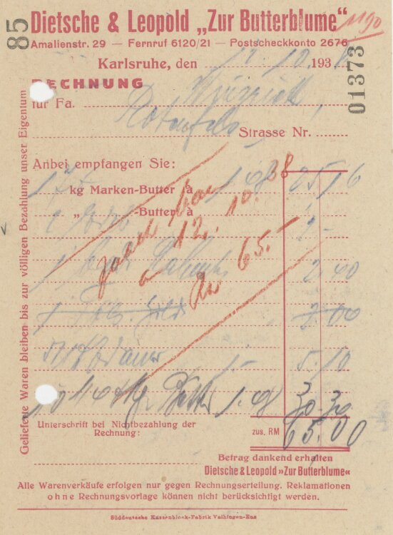 Firma M. Winzrieth (Kaufhaus)an Dietsche & Leopold Zur Butterblume"- Rechnung - 12.10.1938"