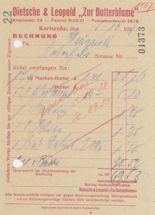 Firma M. Winzrieth (Kaufhaus)an Dietsche & Leopold Zur Butterblume"- Rechnung - 06.10.1938"