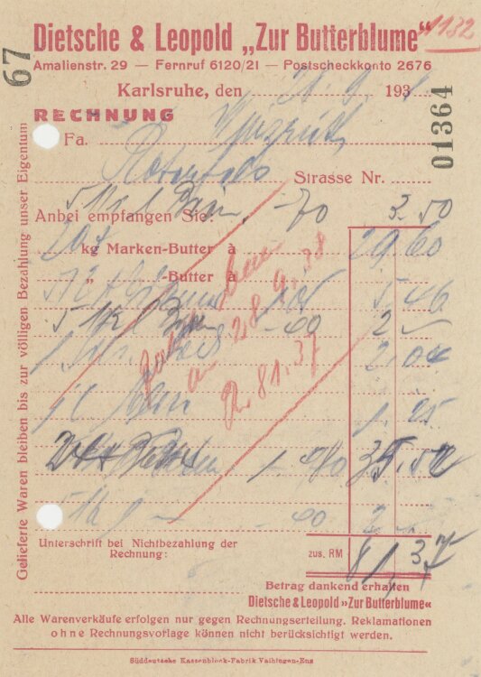 Firma M. Winzrieth (Kaufhaus)an Dietsche & Leopold Zur Butterblume"- Rechnung - 28.09.1938"