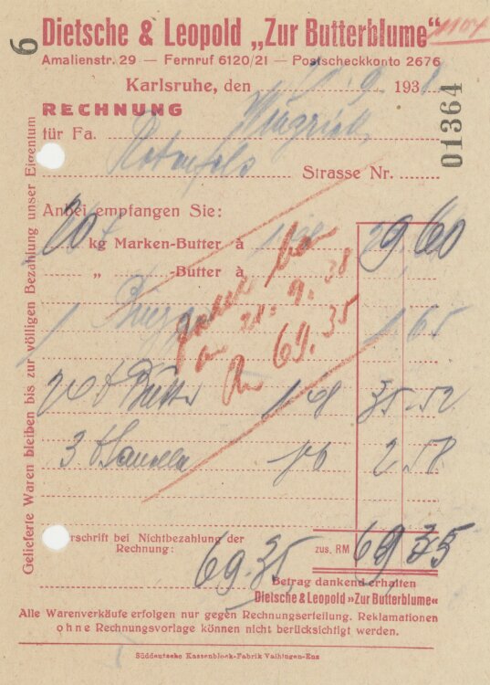 Firma M. Winzrieth (Kaufhaus)an Dietsche & Leopold Zur Butterblume"- Rechnung - 20.09.1938"