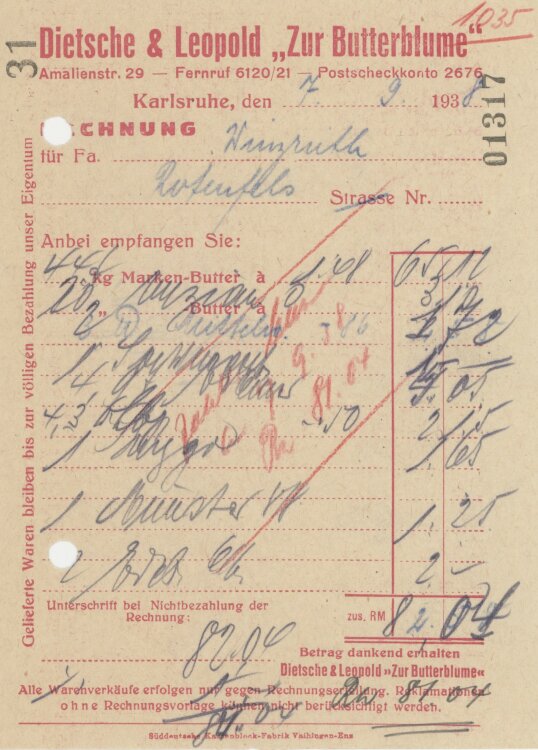 Firma M. Winzrieth (Kaufhaus)an Dietsche & Leopold Zur Butterblume"- Rechnung - 07.09.1938"