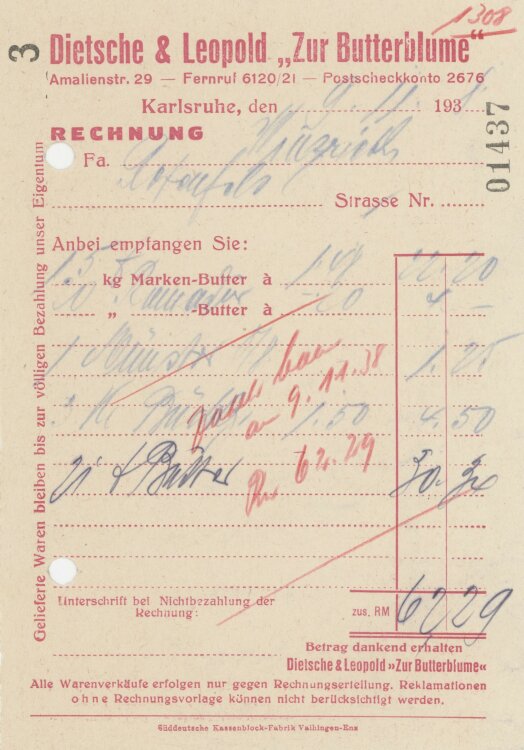 Firma M. Winzrieth (Kaufhaus)an Dietsche & Leopold Zur Butterblume"- Rechnung - 09.11.1938"