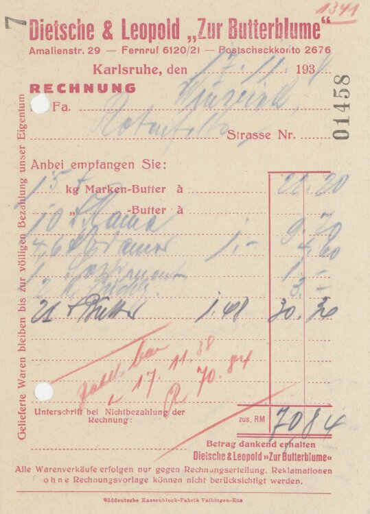 Firma M. Winzrieth (Kaufhaus)an Dietsche & Leopold Zur Butterblume"- Rechnung - 17.11.1938"