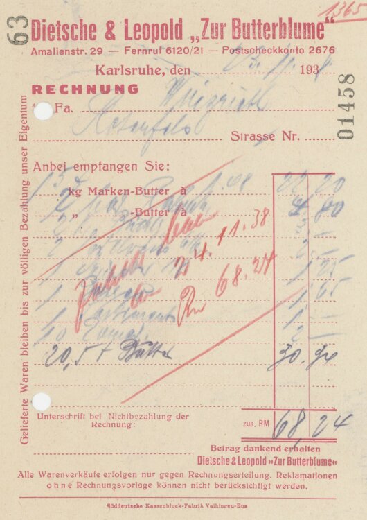 Firma M. Winzrieth (Kaufhaus)an Dietsche & Leopold Zur Butterblume"- Rechnung - 23.11.1938"