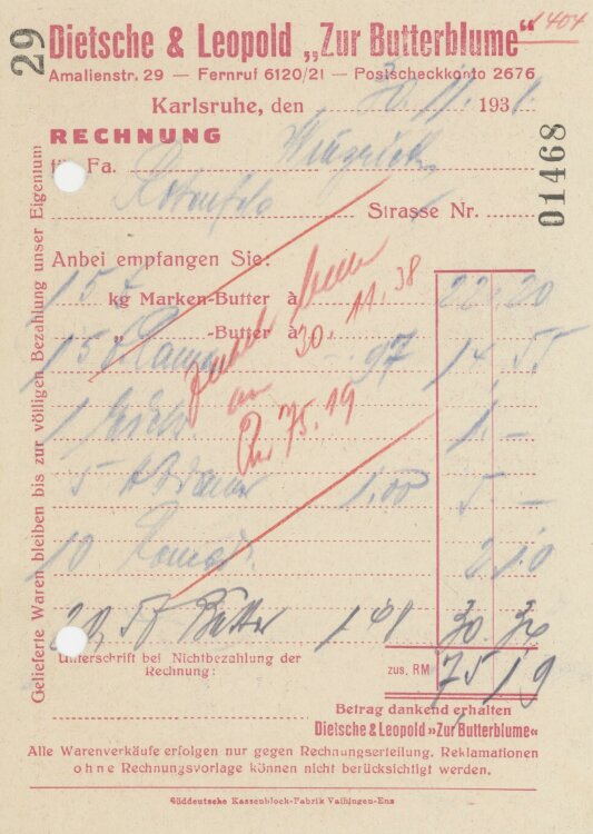 Firma M. Winzrieth (Kaufhaus)an Dietsche & Leopold Zur Butterblume"- Rechnung - 30.11.1938"