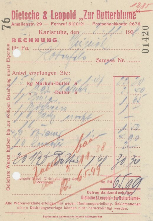 Firma M. Winzrieth (Kaufhaus)an Dietsche & Leopold Zur Butterblume"- Rechnung - 02.11.1938"