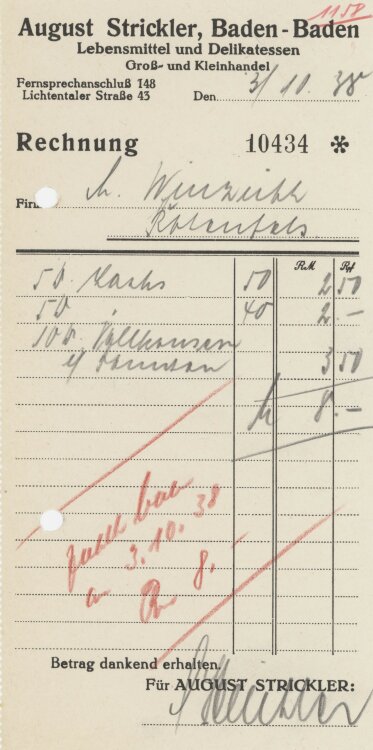Firma M. Winzrieth (Kaufhaus)an August Strickler Groß- und Kleinhandel- Rechnung - 31.10.1938