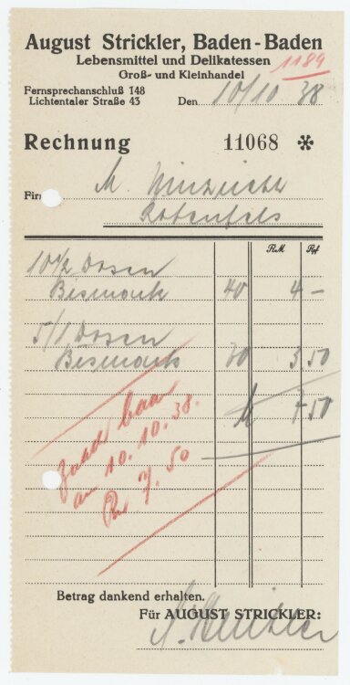 Firma M. Winzrieth (Kaufhaus)an August Strickler Groß- und Kleinhandel- Rechnung - 10.10.1938