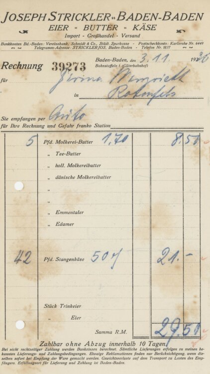 Firma M. Winzrieth (Kaufhaus)an August Strickler Groß- und Kleinhandel- Rechnung - 03.11.1938