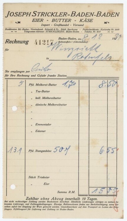 Firma M. Winzrieth (Kaufhaus)an August Strickler Groß- und Kleinhandel- Rechnung - 08.12.1938