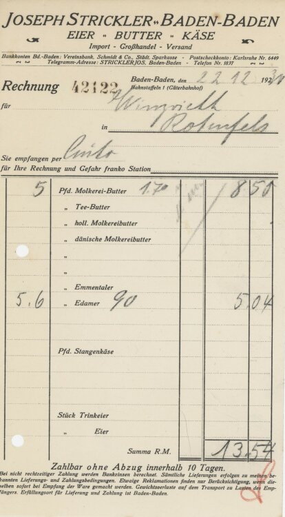Firma M. Winzrieth (Kaufhaus)an August Strickler Groß- und Kleinhandel- Rechnung - 22.12.1938