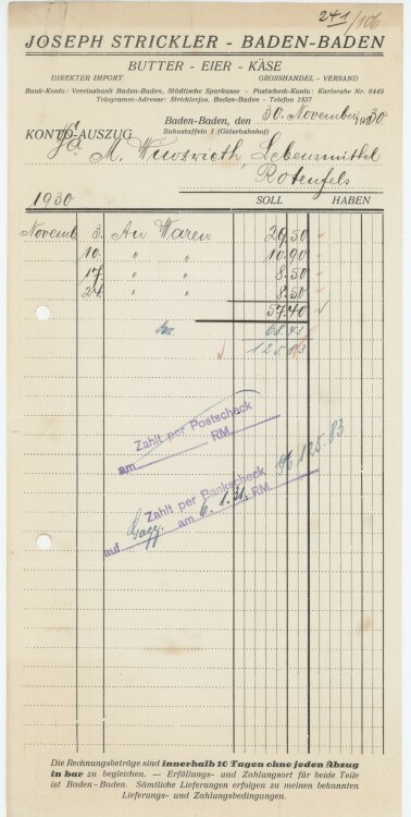 Firma M. Winzrieth (Kaufhaus)an August Strickler Groß- und Kleinhandel- Rechnung - 30.11.1930