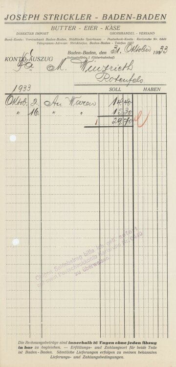 Firma M. Winzrieth (Kaufhaus)an August Strickler Groß- und Kleinhandel- Rechnung - 31.10.1933