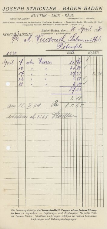 Firma M. Winzrieth (Kaufhaus)an August Strickler Groß- und Kleinhandel- Rechnung - 30.04.1930