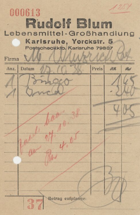 Firma M. Winzrieth (Kaufhaus)an Rudolf Blum Lebensmittel-Großhandlung- Rechnung - 17.10.1938