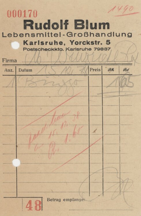 Firma M. Winzrieth (Kaufhaus)an Rudolf Blum Lebensmittel-Großhandlung- Rechnung - 15.12.1938