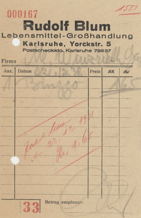Firma M. Winzrieth (Kaufhaus)an Rudolf Blum Lebensmittel-Großhandlung- Rechnung - 02.12.1938