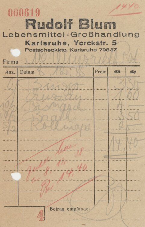 Firma M. Winzrieth (Kaufhaus)an Rudolf Blum Lebensmittel-Großhandlung- Rechnung - 08.12.1938
