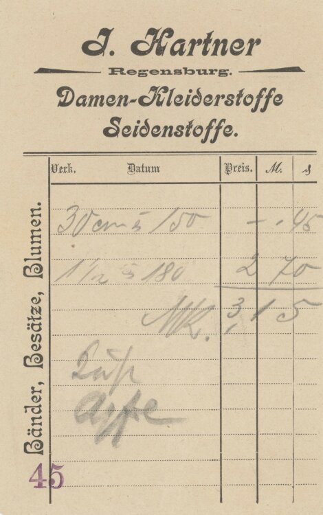 Familie von und zu Aufsessan J. Hartner Damen-Kleiderstoffe- Rechnung - um 1900