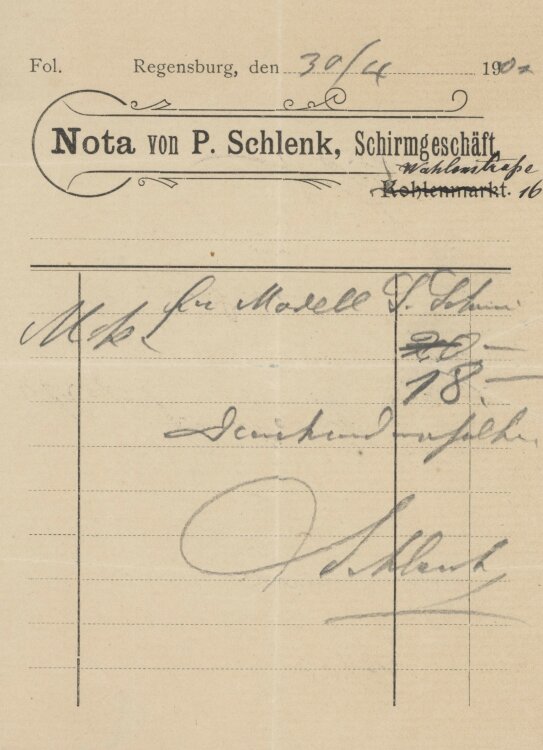 Familie von und zu Aufsessan P. Schlenk, Schirmgeschäft- Rechnung - 30.04.1904