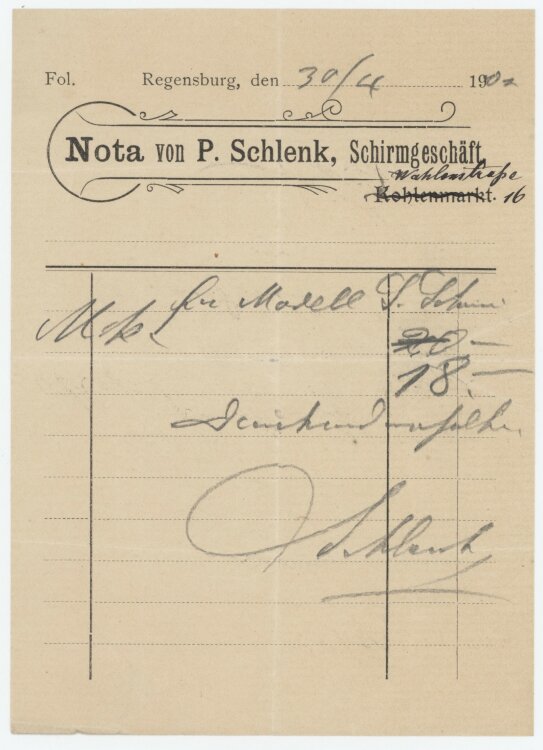 Familie von und zu Aufsessan P. Schlenk, Schirmgeschäft- Rechnung - 30.04.1904