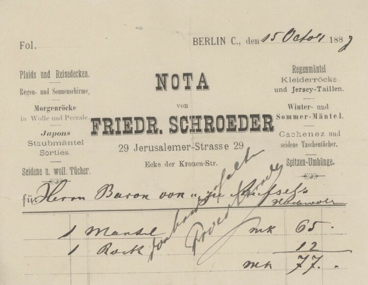 Otto von und zu Aufsessan Friedri. Schroeder (Jerusalemer Str. 29)- Rechnung - 15.10.1888