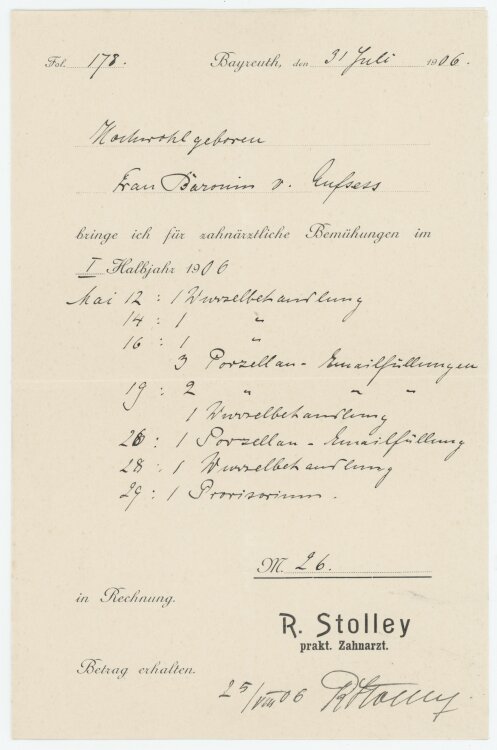 Baronin von und zu Aufsessan R. Stolley praktischer Zahnarzt- Rechnun - 19.10.1894