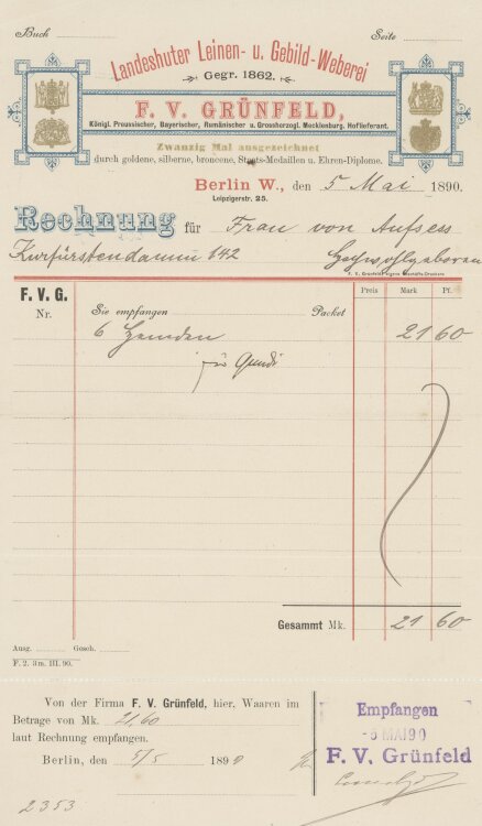 Baronin von und zu Aufsessan F. V. Grünfeld Landeshuter Leinen- u. Gebild-Weberei- Rechnung - 05.05.1890