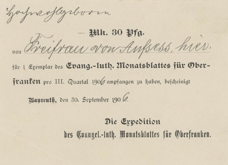 Die Expeditio des Evangelisch-lutherischen Monatsblattes für Oberfranken - Quittung - 30.09.1906