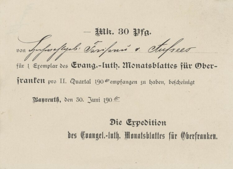 Die Expeditio des Evangelisch-lutherischen Monatsblattes für Oberfranken - Quittung - 30.06.1906