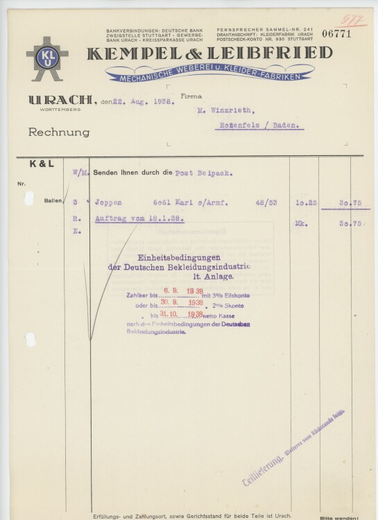 Firma M. Winzrieth (Kaufhaus)an Kempels & Leibfried AG- Rechnung - 22.08.1938