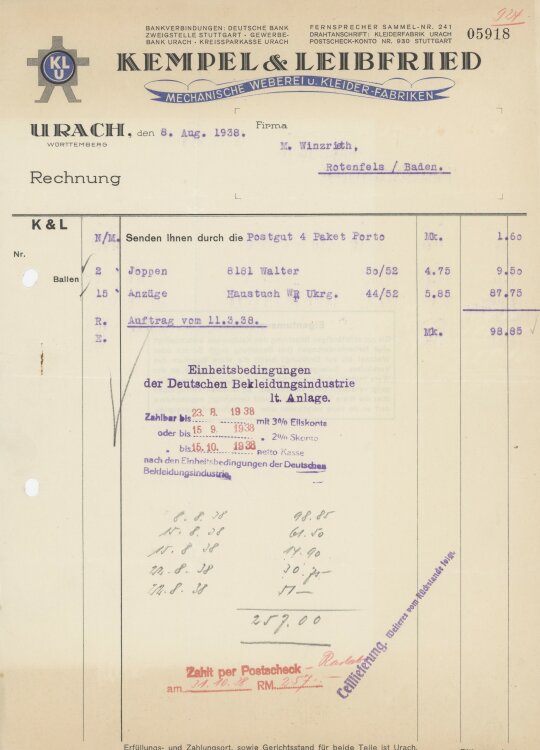 Firma M. Winzrieth (Kaufhaus)an Kempels & Leibfried AG- Rechnung - 08.08.1938