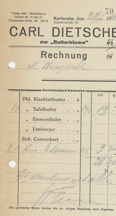 Firma M. Winzrieth (Kaufhaus)an Carl Dietsche zur Butterblume- Rechnung - 28.03.1928