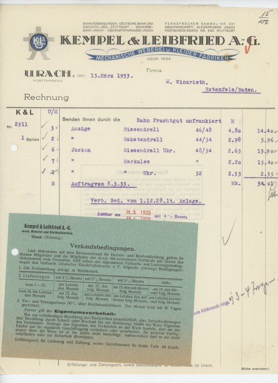 Firma M. Winzrieth (Kaufhaus)an Kempels & Leibfried AG- Rechnung - 15.08.1938