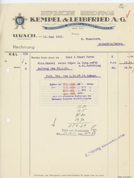 Firma M. Winzrieth (Kaufhaus)an Kempels & Leibfried AG- Rechnung - 13.06.1933