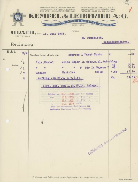 Firma M. Winzrieth (Kaufhaus)an Kempels & Leibfried AG- Rechnung - 10.06.1933