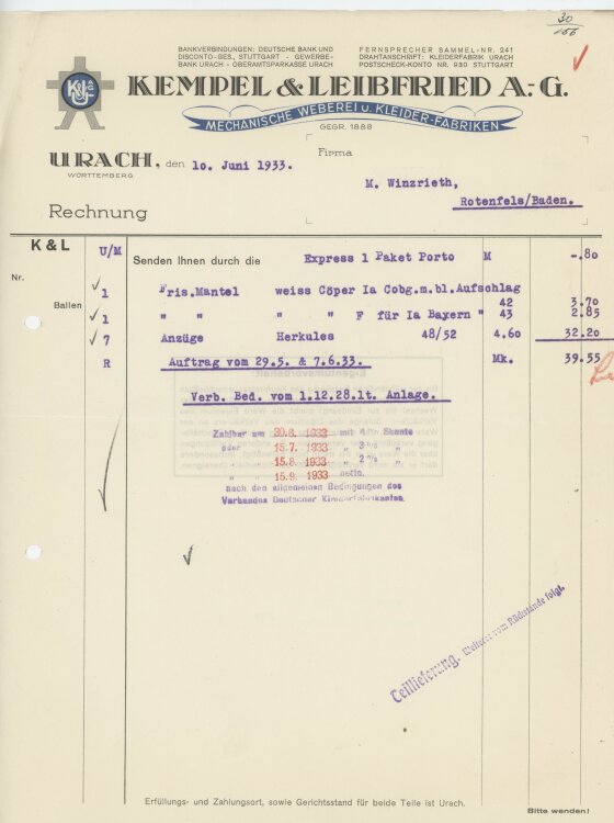 Firma M. Winzrieth (Kaufhaus)an Kempels & Leibfried AG- Rechnung - 10.06.1933