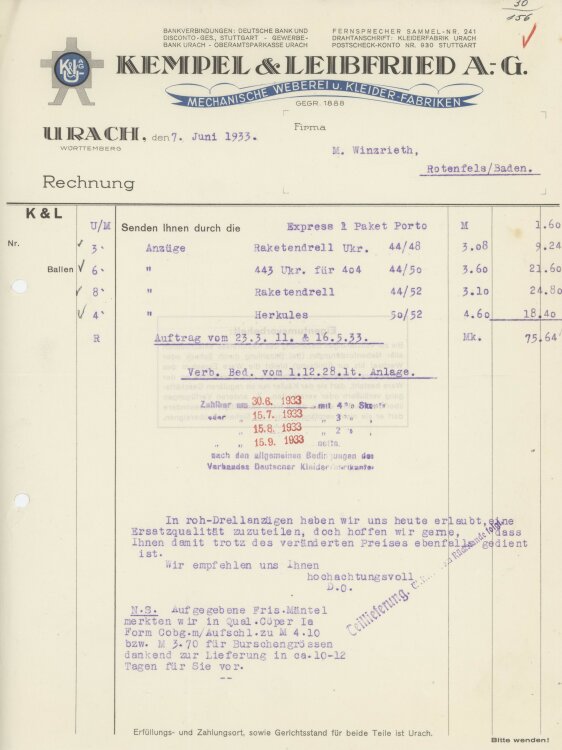Firma M. Winzrieth (Kaufhaus)an Kempels & Leibfried AG- Rechnung - 07.06.1933
